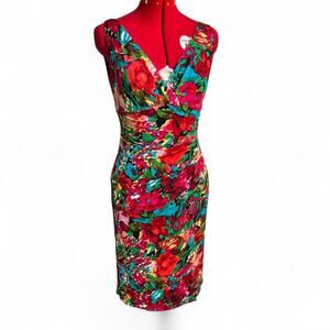 Lauren Ralph Lauren Floral V Neck Sleeveless Bodycon Faux Wrap Midi Dress Sz 4